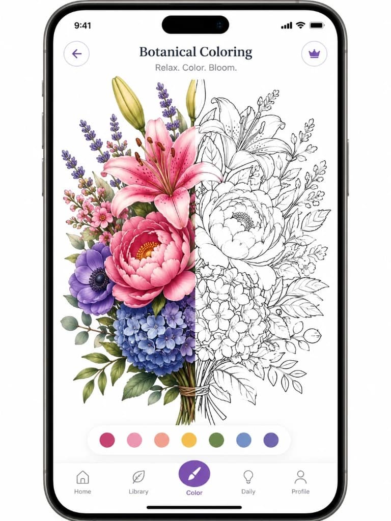 ColorBooksAI adult coloring book app on iPhone showing floral and botanical coloring pages